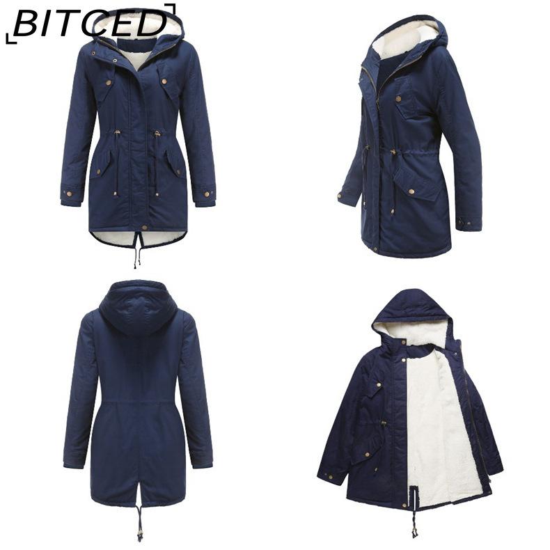 BITCED Autumn/Winter Women's Cotton Coat Solid-Colour Hooded Parka Thick Cotton Coat with Fleece Lining