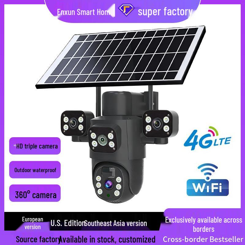 4G Solar Outdoor Camera: Full Color Night Vision, Voice Intercom, Waterproof, 3-Lens