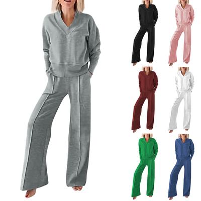 Γυναικείο Casual Σετ Δύο Τεμαχίων με Μακρυμάνικη Φαρδιά Μπλούζα με V Λαιμόκοψη και Παντελόνι με Φαρδύ Πόδι