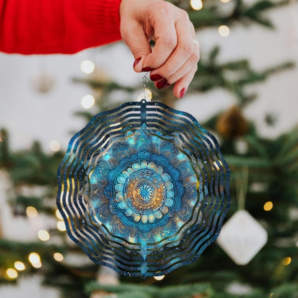 Bohemian Wind Spinner Outdoor Decor 10 Inch Hanging Garden Ornament with 360 Swivel Hook Blue Teal Gold Metal All Season Gift