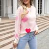 Women Knitting Sweater Round Neck Long Sleeve Heart-Shaped Tops Loose Fit Elastic Knitwear Valentine Day Tops