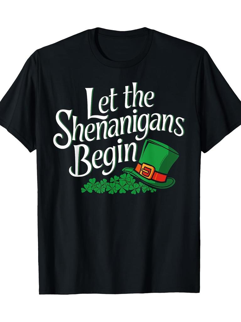 Clovers Let The Shenanigans Begin St Patrick Day Graphic Tee Men Casual Short Sleeve Crewneck T-Shirt