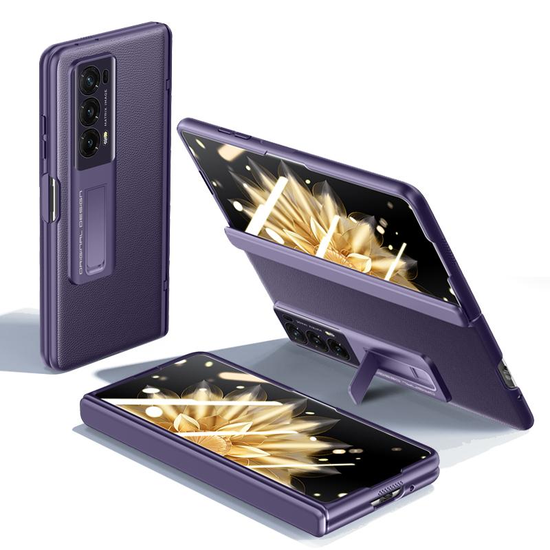 

Для Honor Magic V2 5G Чехол из ПУ кожи+ПК с подставкой, защита шарнира, покрытие с эффектом кожи, с прозрачной пленкой из закаленного стекла Purple