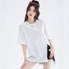 [Side Slit Fashionable Short Sleeved T-shirt for Women] Summer New College Style Mid Length Round Neck Top