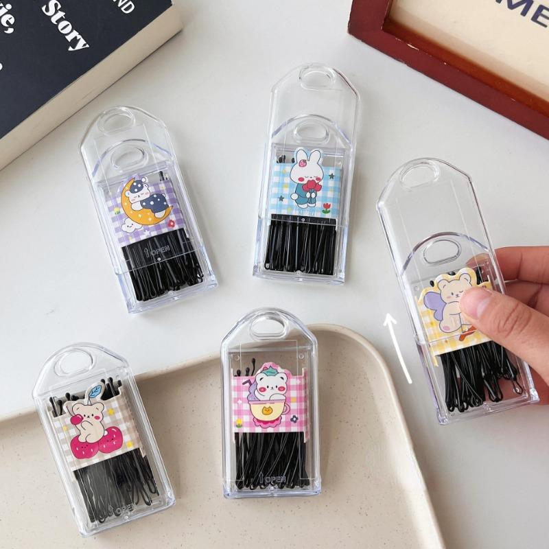 30Pcs/box Black Straight Wave Hairpins Korean Versatile Bangs Hair Clips for Children Women's Boxed Metal Bobby Pin Barrette
