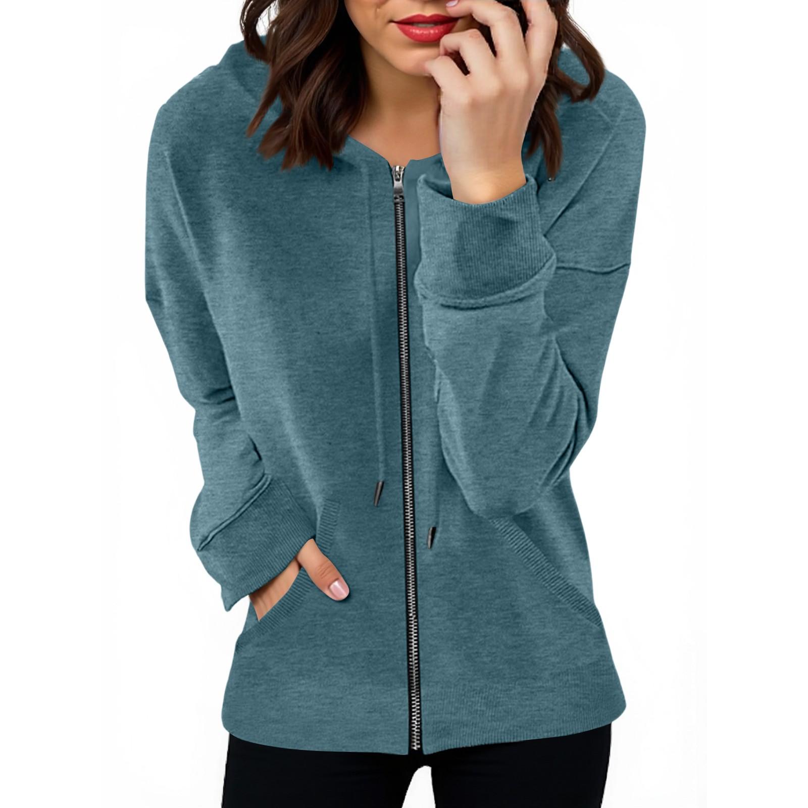 

Женская толстовка с длинным рукавом на молнии, повседневная однотонная толстовка с капюшоном и карманами M