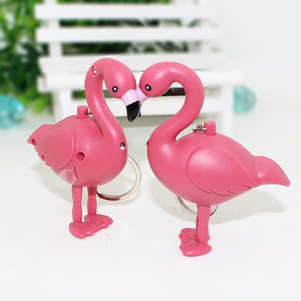 Cartoon Flamingo LED Flashlight Sound Keychain Key Ring Bag Hanging Pendant Gift