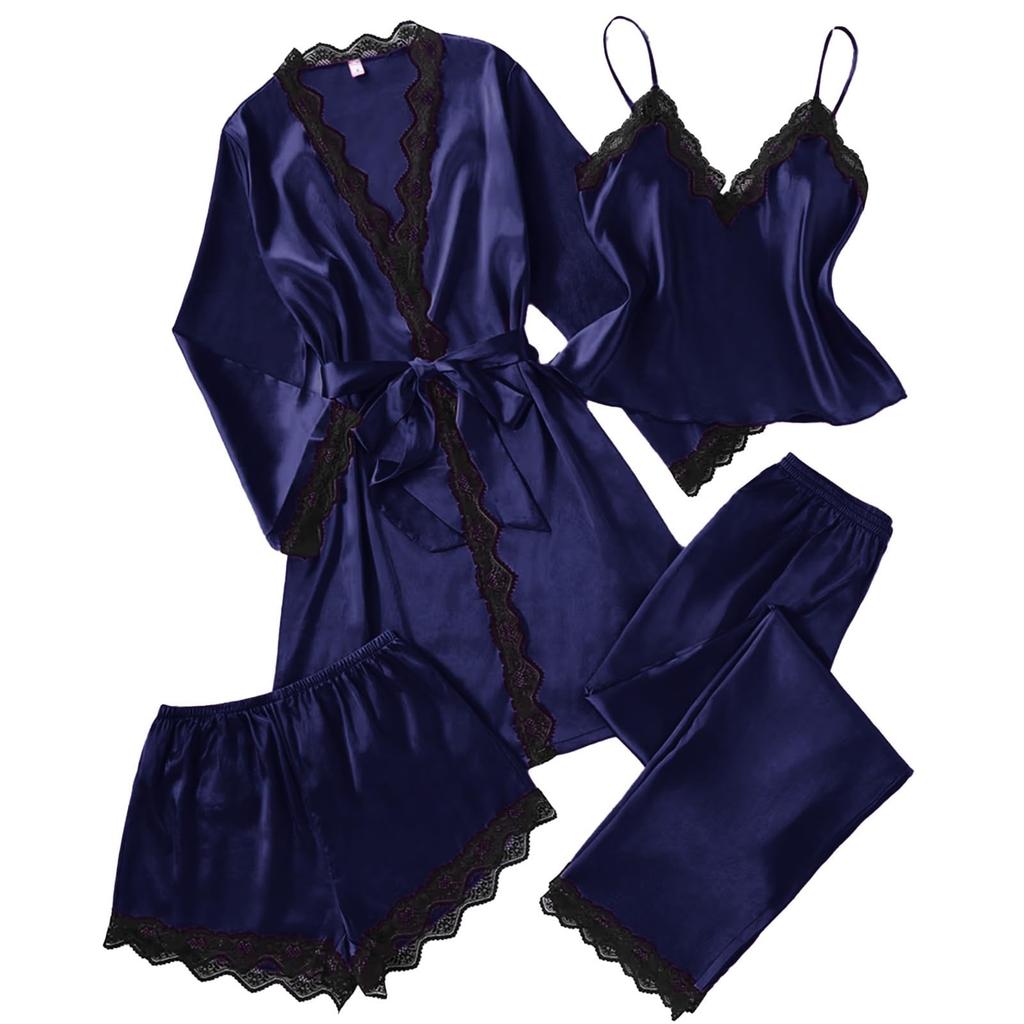 Women's 4,piece Satin Pajama Set, Soft Satin Sleepwear Set
