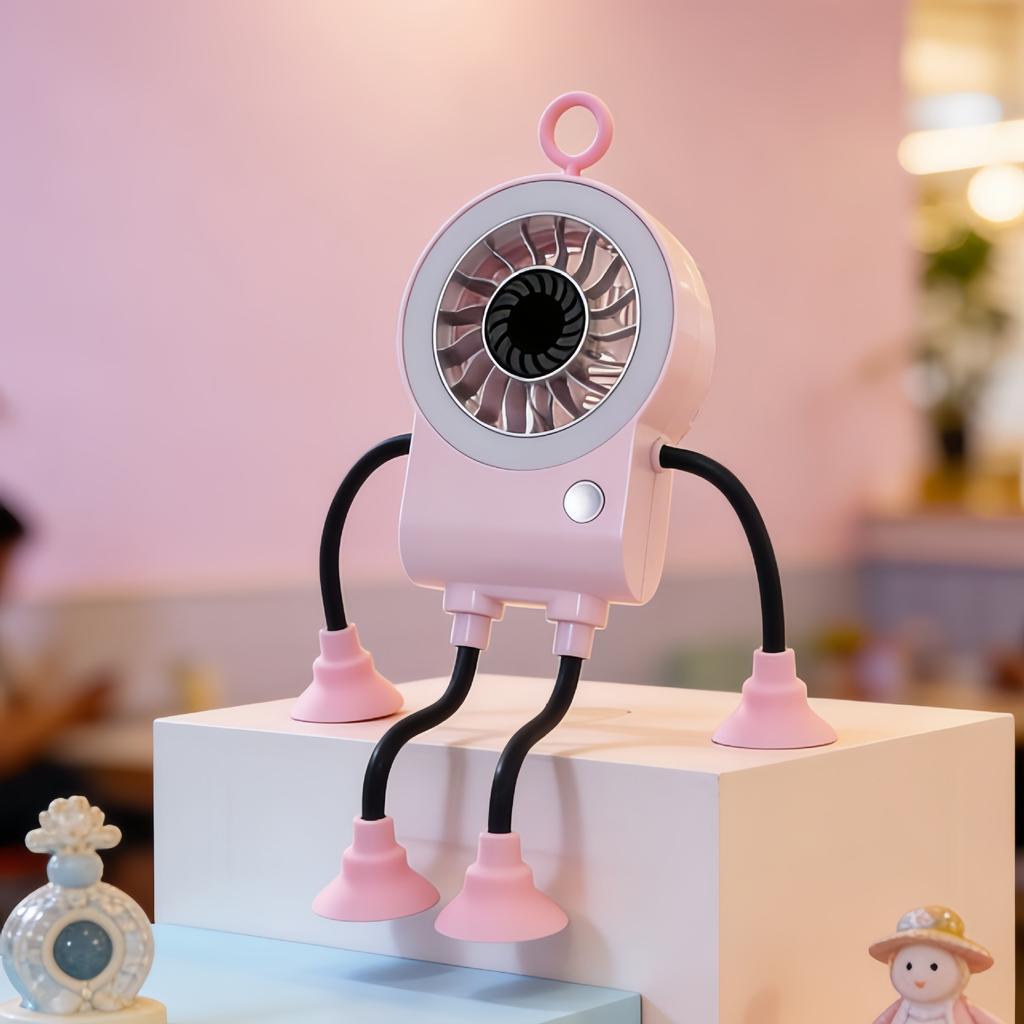 2026 Summer New Cute Cartoon Robot Handheld Fan, LED Light Smart Digital Display Desktop Fan