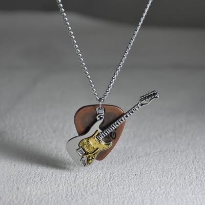 A Vintage Guitar Pick and Guitar Pendant Necklace Punk Rock Metal Jewelry for Men and Women