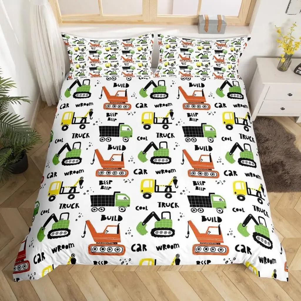Truck Excavator Duvet Cover Set Queen Size for Kids Nursery Cartoon Tractor Engineering Vehicle Construction Theme Bedding Set