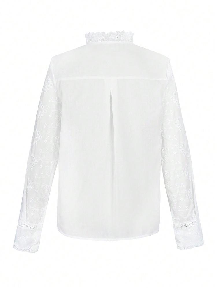 SHEIN 2025 Early Autumn Women's European & American Artistic Style Embroidered Stand Collar Long-sleeved Shirt.