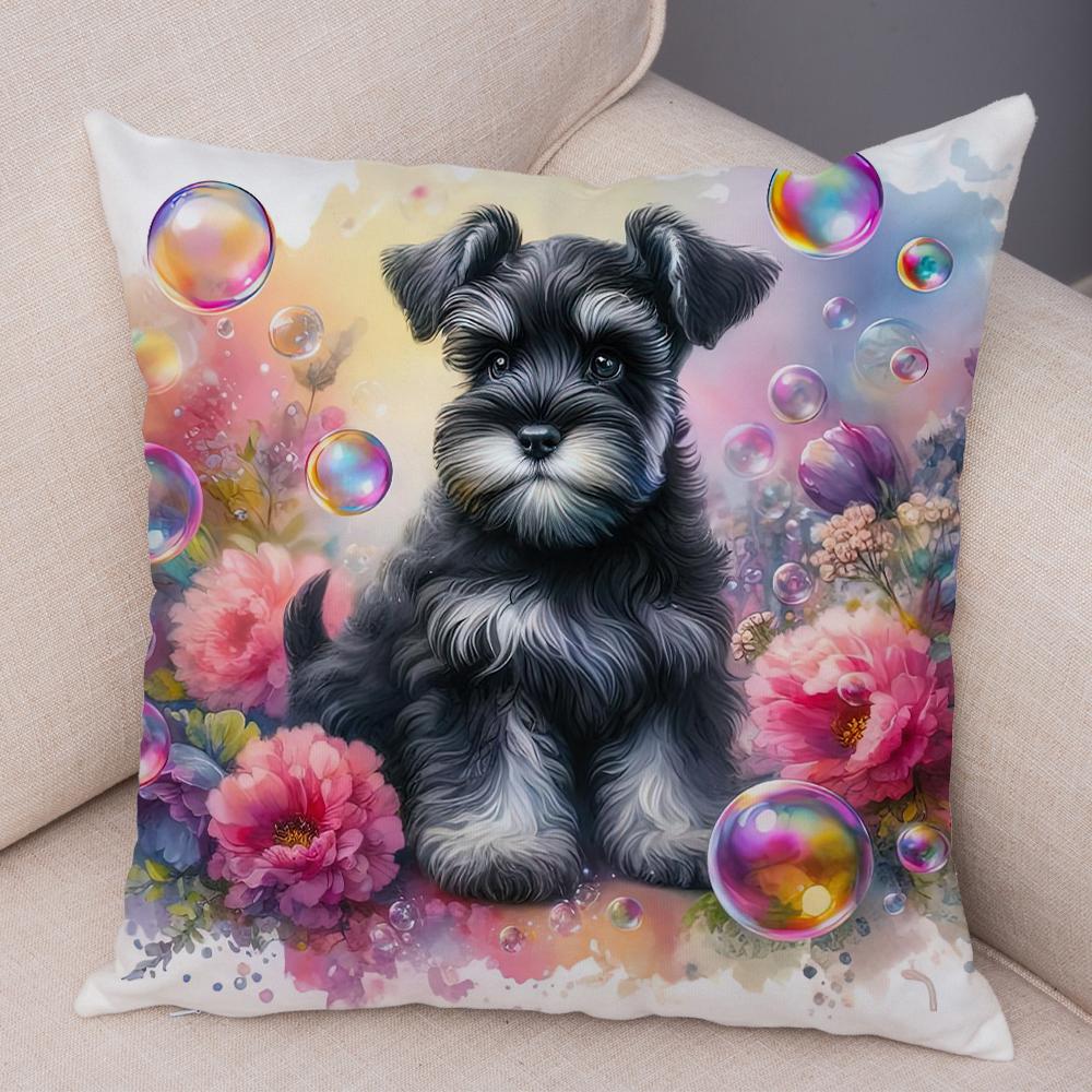 Roztomilý povlak na polštář s mini kníračem pro domácnost, oboustranný potisk, dekorace, kreslený mazlíček, zvíře, na pohovku, do auta, povlak na polštář, měkký plyšový povlak na polštář