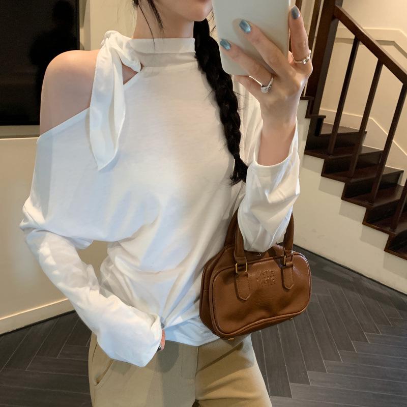 Elegant Off-Shoulder Halter White Base Layer T-Shirt: Small, Cinched Waist, Long Sleeves. Medium