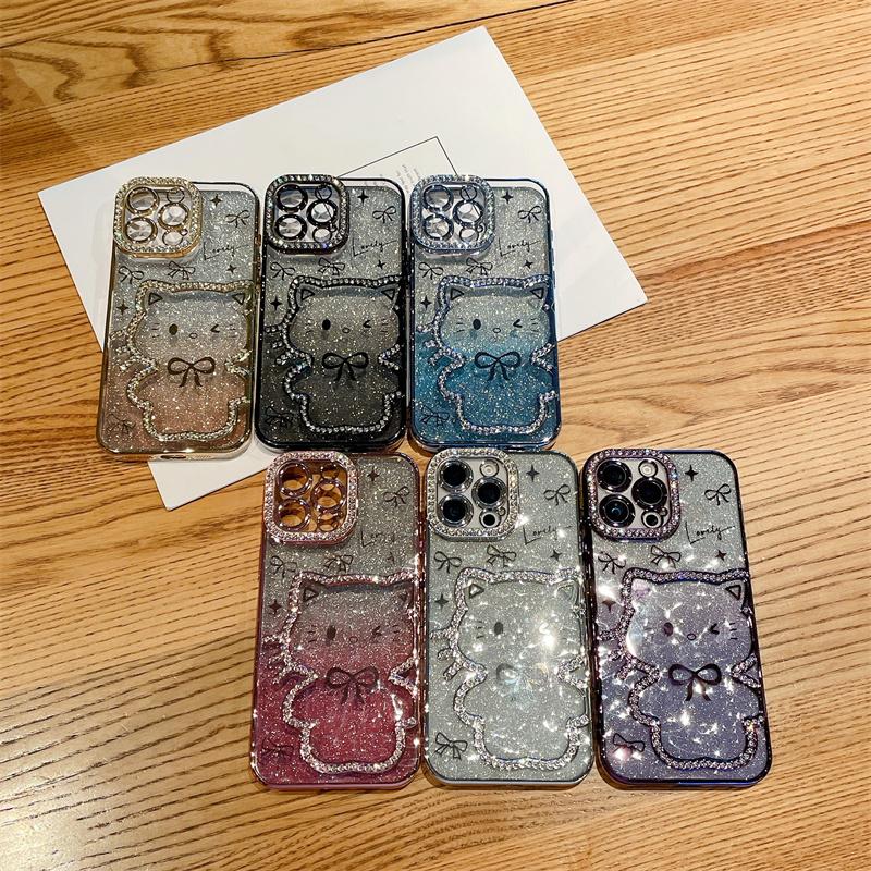 Jewelled 3D Cat Glitter Phone Case For iphone 16 15 14 Plus 13 12 11 Pro Max Electroplated Silicone Soft TPU Back Cover