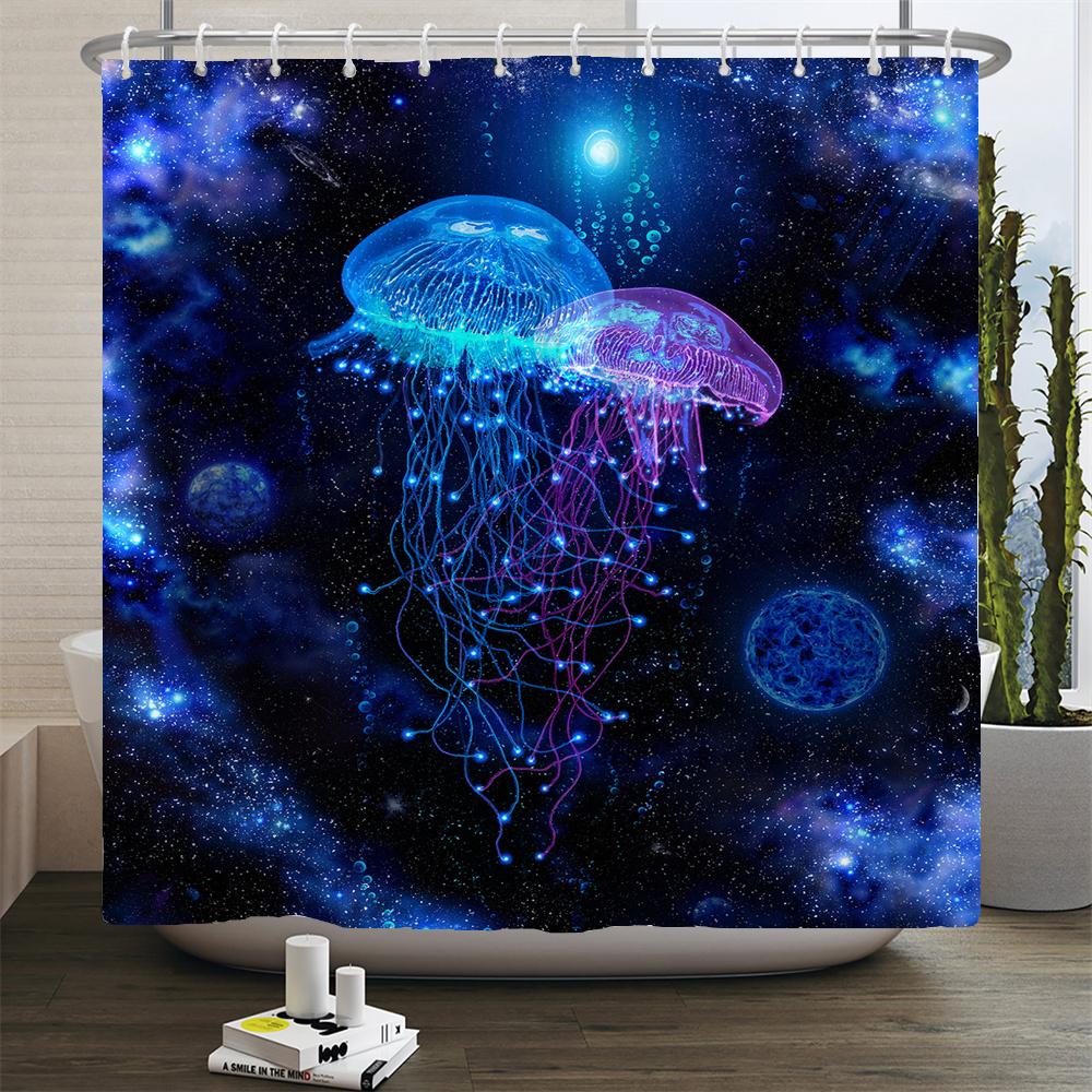 Dream Starry Sky Ocean Jellyfish Bathroom Waterproof Shower Curtain Set with 12 Hooks Bath Non-Slip Mat Rugs Toilet Seat Cover