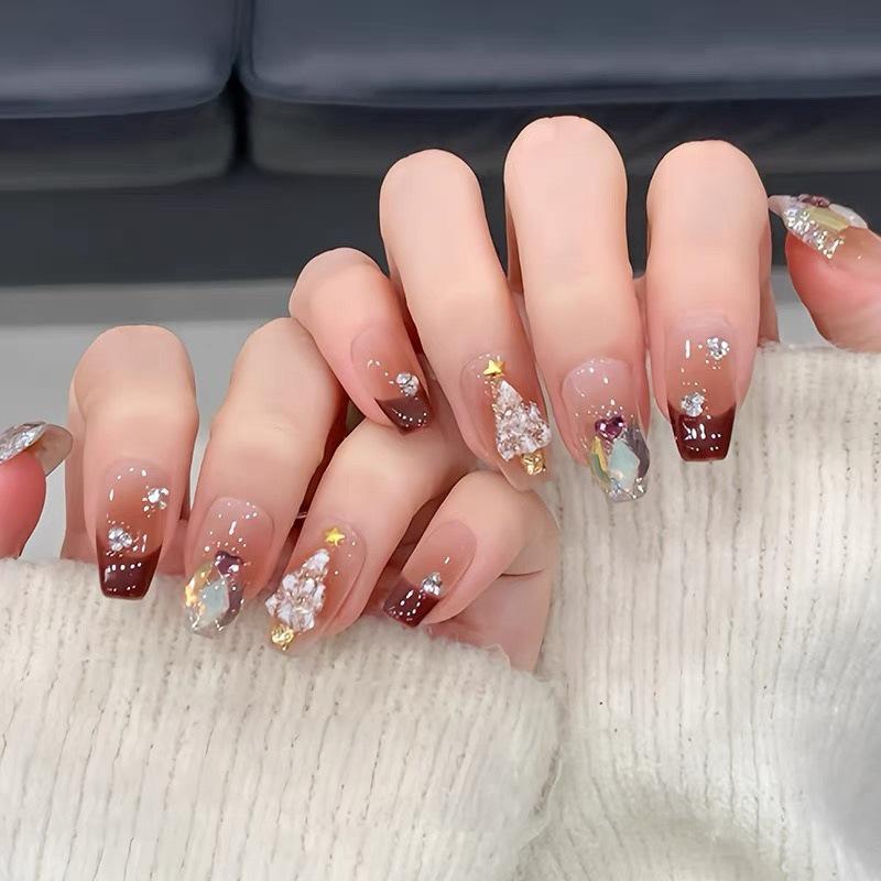 Handmade Christmas Tree Nail Art Tips with Blushing Diamond and Super Flash Finish