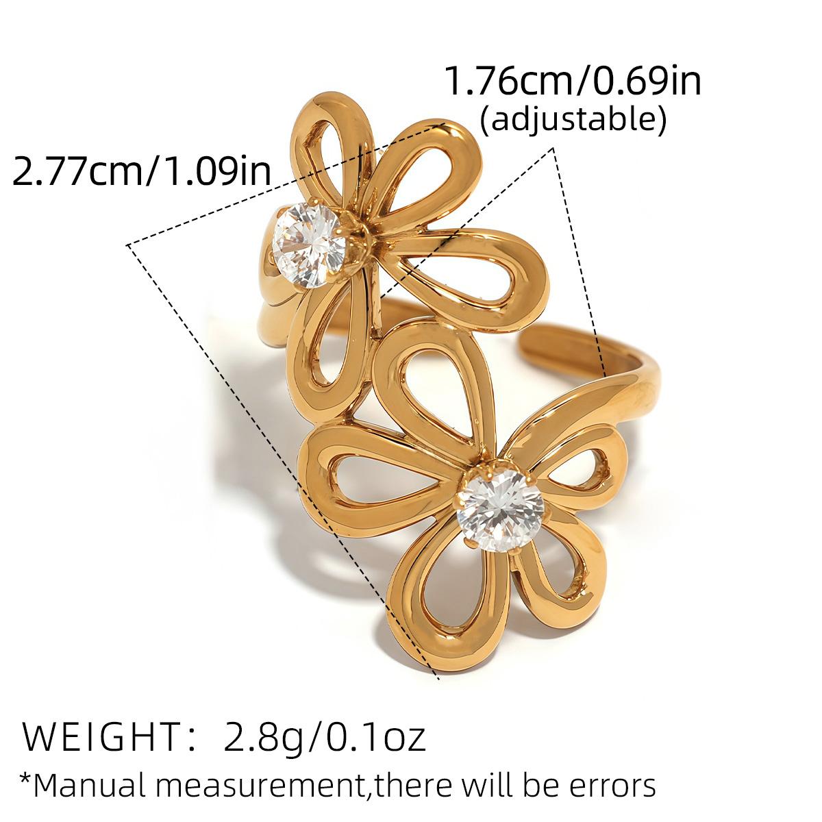 

White Zircon Setting Metal Flower Rings For Women Stainless Steel Fashion Finger Zircon Waterproof Minimalist Adjustable Ring resizable