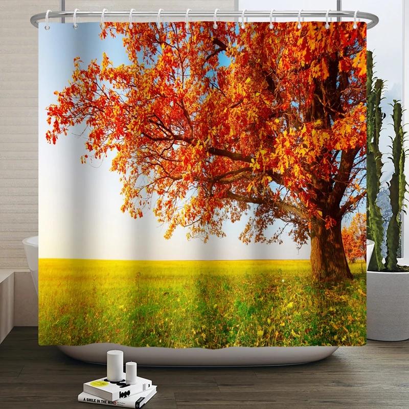 Hello Fall Shower Curtain Autumn Maple Leaves Pumpkin Bathroom Decor Polyester Fabric Cloth Shower Curtain With Hooks Room Decor