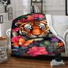 1Pc Tiger Amidst Floral Splendor Flannel Blanket, Soft And Comfortable, Casual Warm, Camping Travel, Christmas, Halloween Xmas Gift. G1309