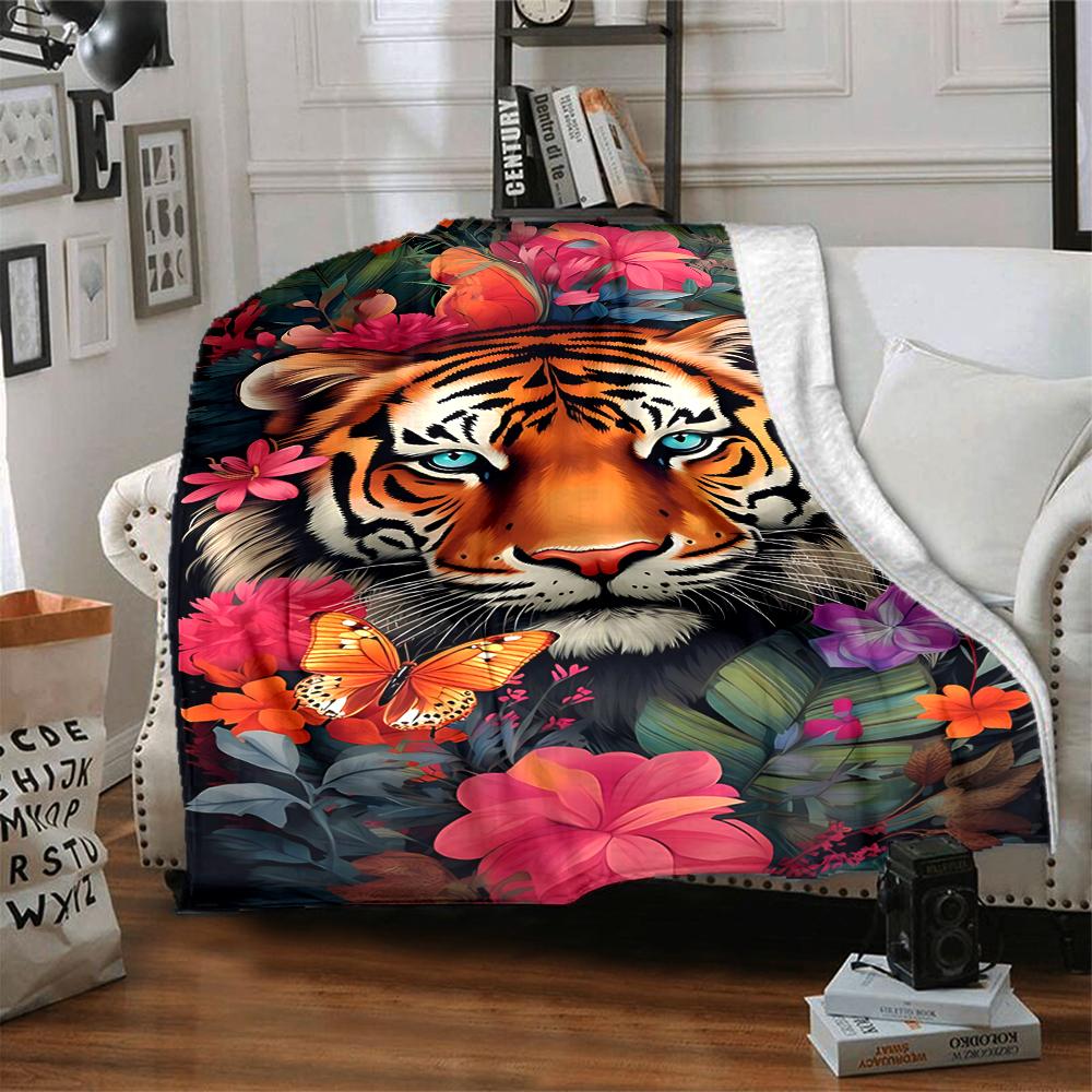 1Pc Tiger Amidst Floral Splendor Flannel Blanket, Soft And Comfortable, Casual Warm, Camping Travel, Christmas, Halloween Xmas Gift. G1309