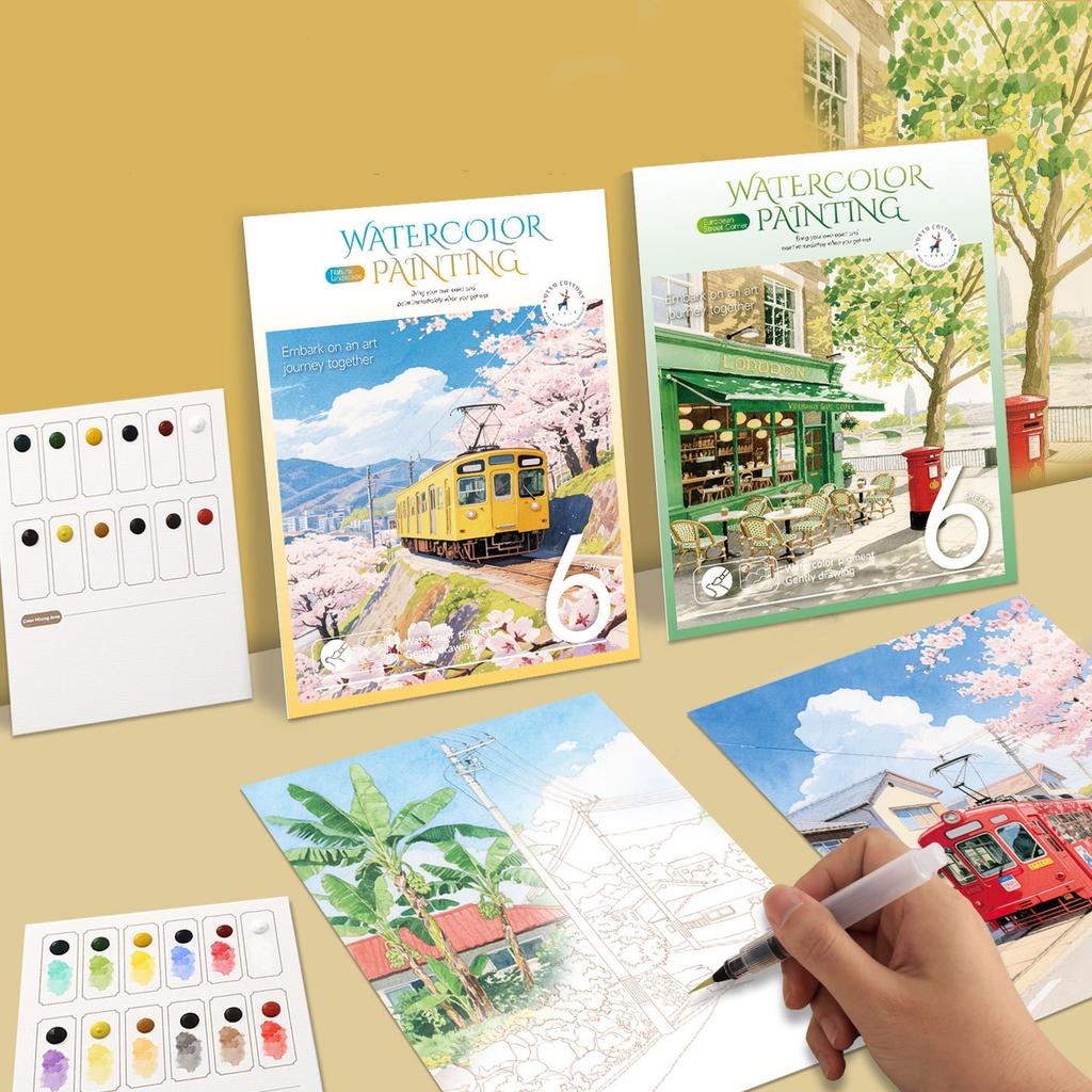 Bview Art Watercolor Coloring Book for Kids & Adults 12-Color Paint Set Included Paper Art Sketchbook for Stress Relief