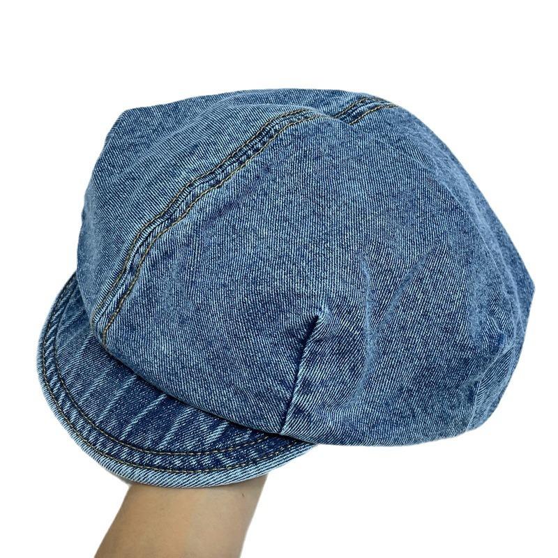 Zealous Sole Women's Japanese Ins Retro Literary And Artistic Washed Old Denim Newsboy Hat Fashion Painter Beret Cloud Octagonal Hat 56-58Cm