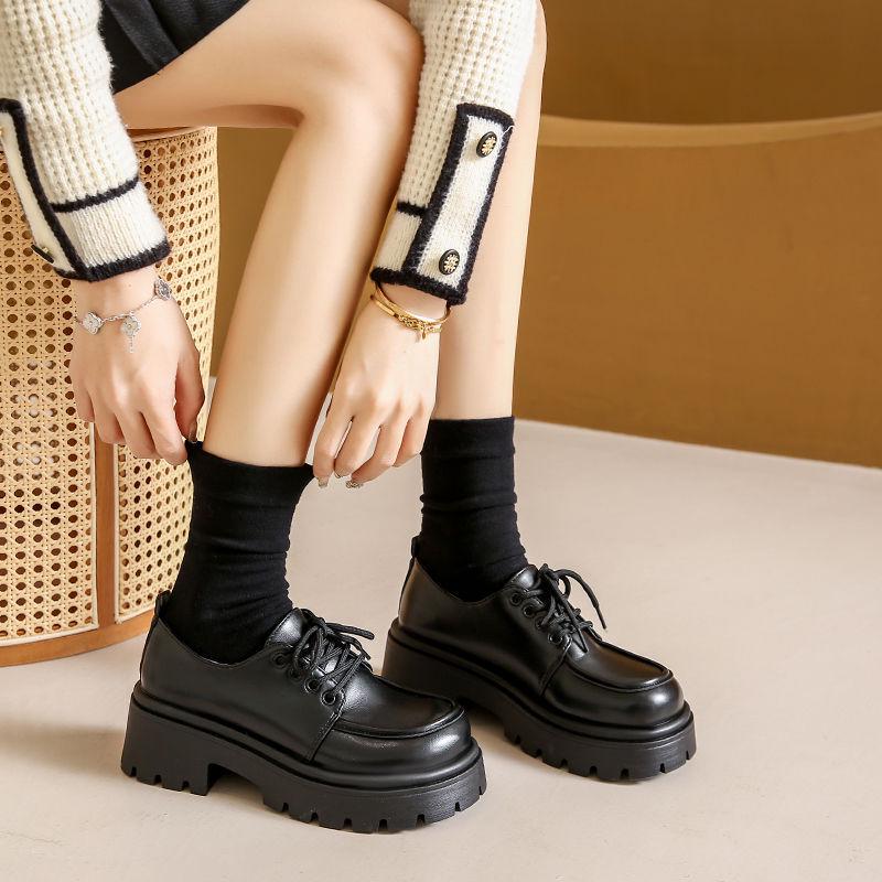 Women's Black Height-Boosting Retro Loafers - Thick Sole, British Style, 2025 Spring Collection