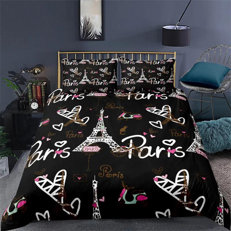 Set Biancheria da Letto Torre Eiffel Matrimoniale per Bambini Ragazze Donne Stampa Floreale Europea 3D Copripiumino Vintage Tematica Coppie Copripiumino