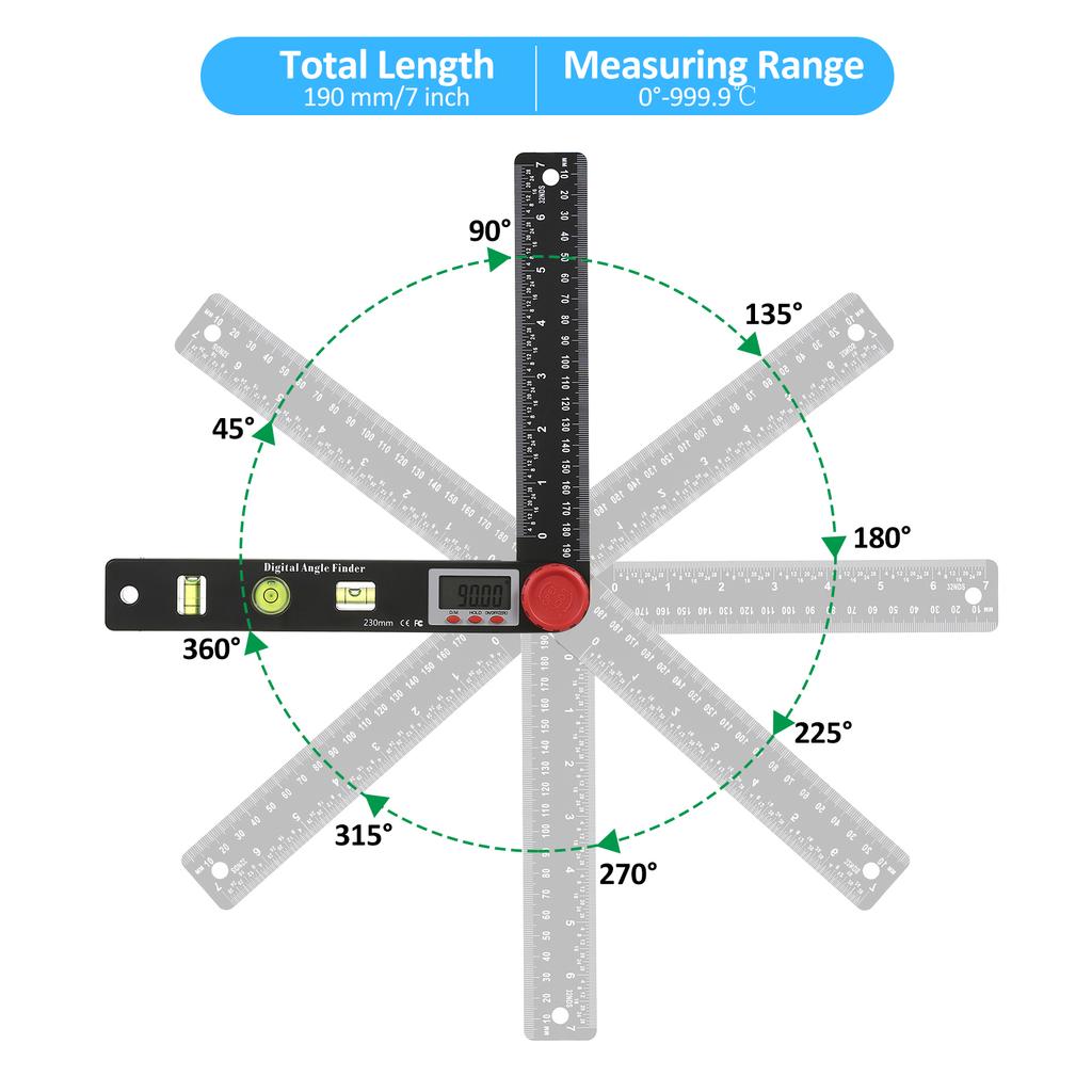 Digital Protractor Ruler Angle Finder, Protractor Ruler Level Tool, Multifunction Level Ruler 7 Inch, 3 Bubble Level