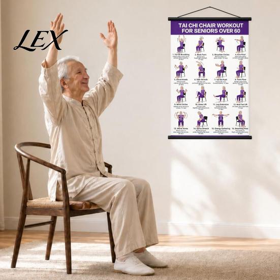 Tai Chi Tréninková pomůcka Závěsný plakát s cvičeními, Průvodce sedícími/kráčejícími pohyby, Velký nástěnný fitness plakát s vysokým rozlišením
