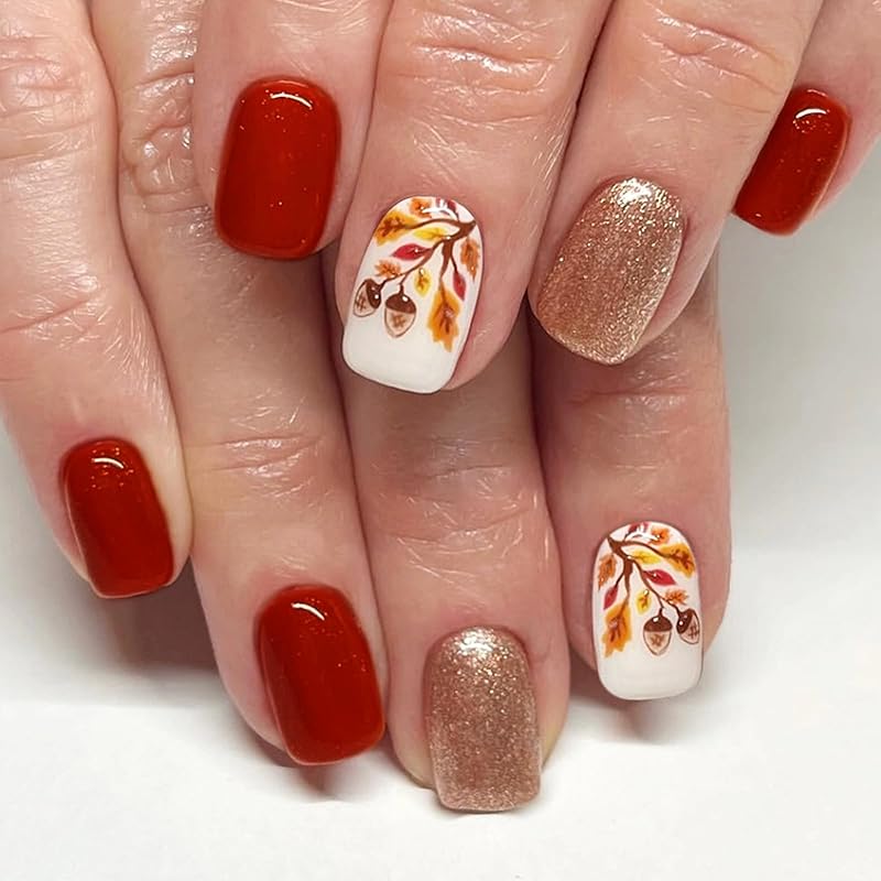 Fall Press On Nails Medium Square Fake Nails with Designs Maple Leaf Stick On Nail Thanksgiving Acrylic False Nail Bling Sequins Artificial Nail