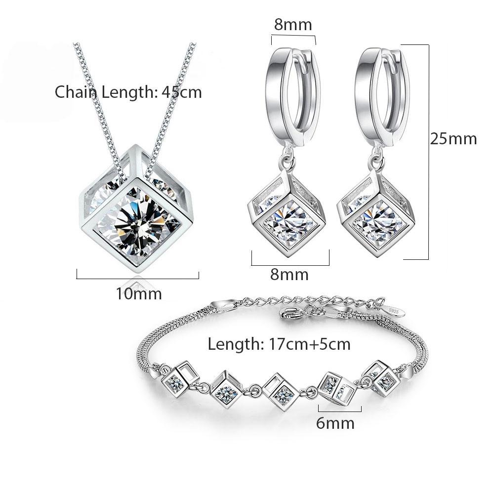 925 Silver Luxury Shiny Square Cube Necklace Earrings Bracelet For Women Gift Zircon Anniversary Gift