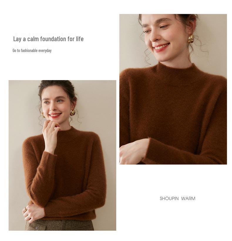 Women's Thickened Cashmere Long Sleeve Pullover - Half-High Neck, 100% Pure Knit for Autumn/Winter