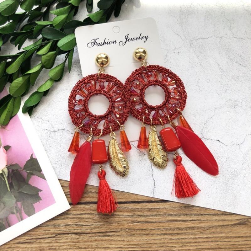 Bohemian crystal dream catcher net element feather earrings women's retro exaggerated temperament long fringed vacation earrings