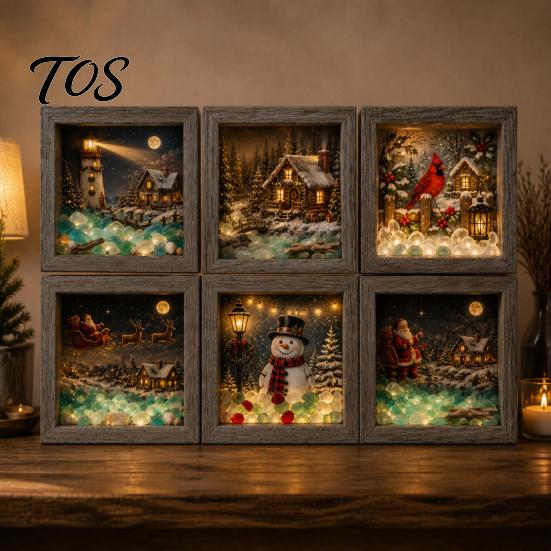 Wooden Landscape Ornament Christmas Snowy Night Light Picture Frame, Vintage Frame 3D Mini Gift for Friends Lamp, Desktop Atmosphere Decor Bedroom