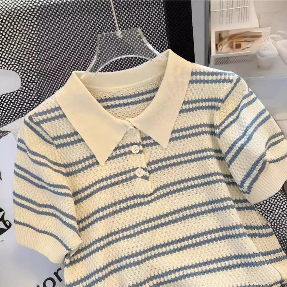 Ice silk short-sleeved t-shirt women's new summer thin design niche striped Polo neck knitted sweater top