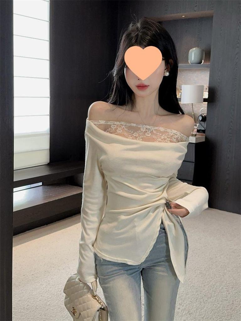 Women's Patchwork Lace One-Shoulder Top - Slim Fit, Early Autumn Long Sleeve Base Layer