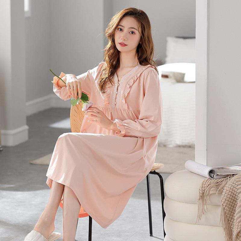 Pyjama Damen Frühling und Herbst Baumwolle Lange Ärmel Lang Schwangere Damen Süß Lockeres Kleid Pyjama Rock