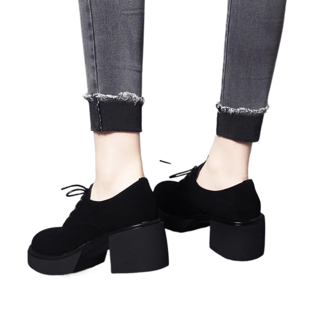 Thick-soled matte suede super soft sheepskin loafer single shoes women's 2025 spring and autumn round head new leather shoes thick heel lace-up