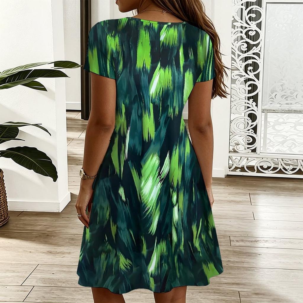 Oversized Women V Neck Short Sleeve Dress Abstract Geometric Printed Loose Dress For Summer Street Outfits