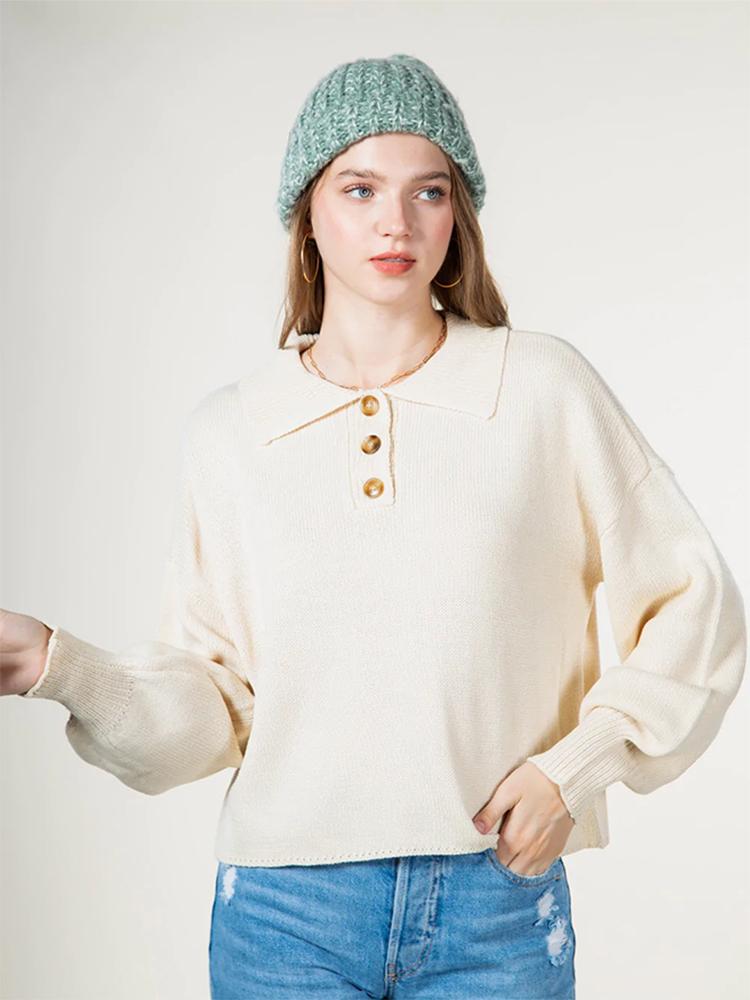 New In Oversized Collared Crop Knit Sweater Mocha/L