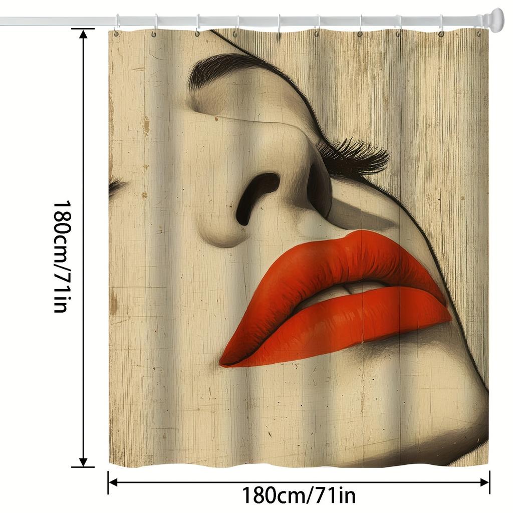Moderner Duschvorhang im nordischen Stil - Kräftiger roter Lippen-Kunstdruck, Hintergrund mit Holzmaserung, Polyester, Waschbar, Inklusive Haken