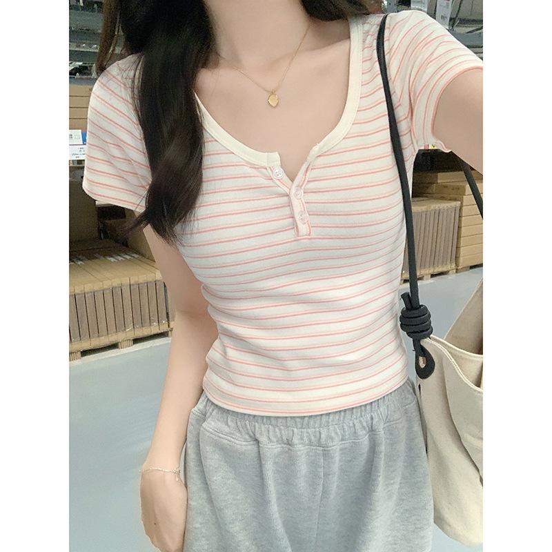 Women's Striped Short Sleeve Slim T-Shirt with Half-Open Collar - 2025 Summer Fashion