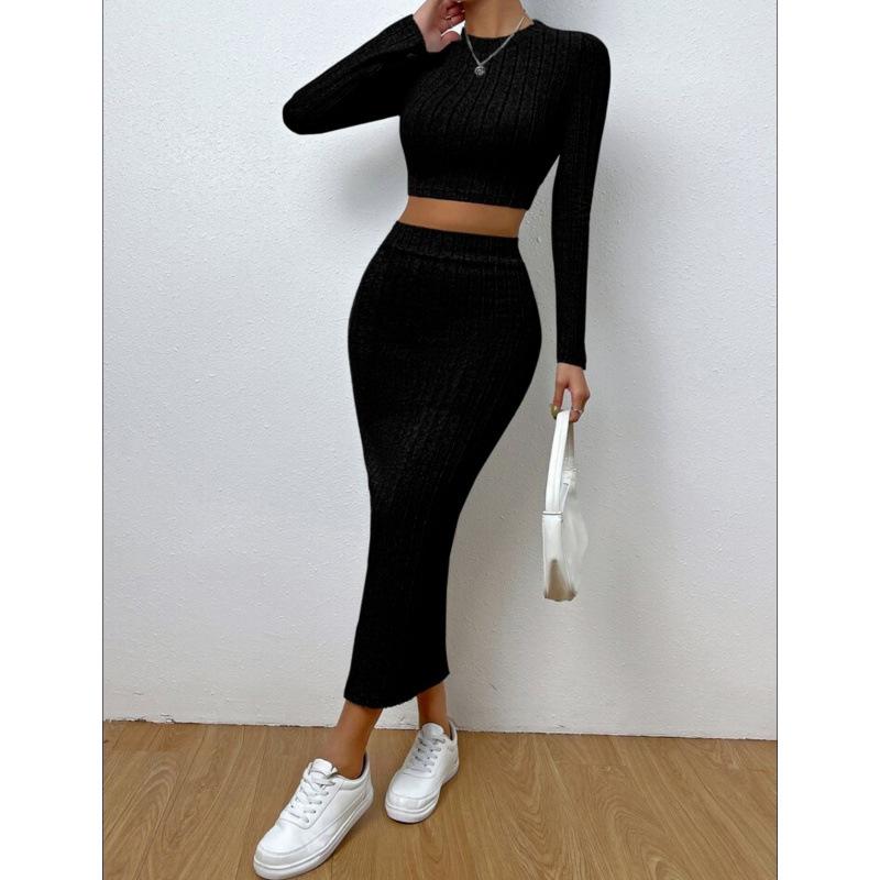 Žebrovaný pletený sladěný set Dámský crop top s dlouhým rukávem a úzká pouzdrová sukně s vysokým pasem
