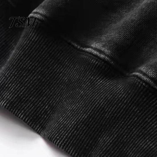 Haut Douillet d'Automne Automne Printemps Sweat à Capuche Unisexe Grande Poche à Capuche Ample Délavé Usé Élastique Poignets et Ourlet Épaules Inclinées Couleur Unie