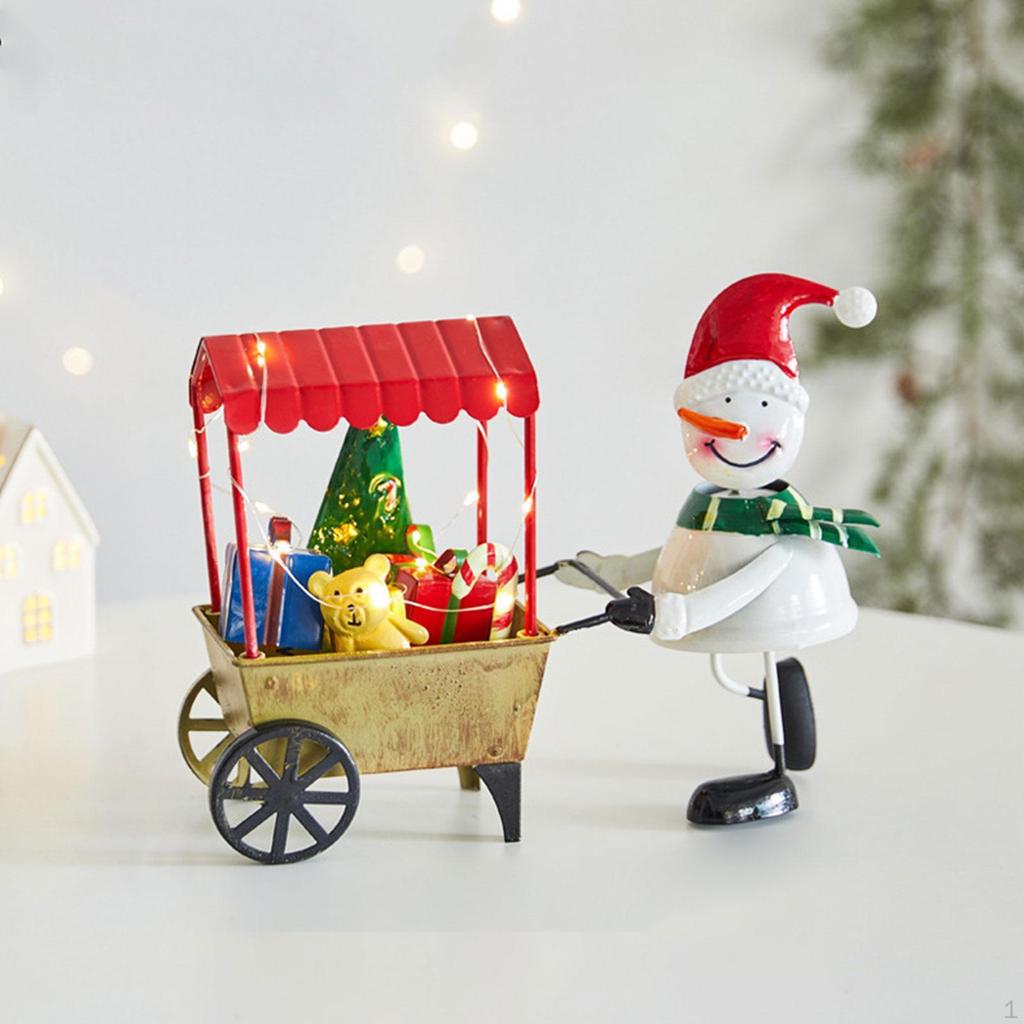 Desktop Ornament Xmas Snowman Pushing The Cart Figurine Cute with Decorative Light for DIY Christmas