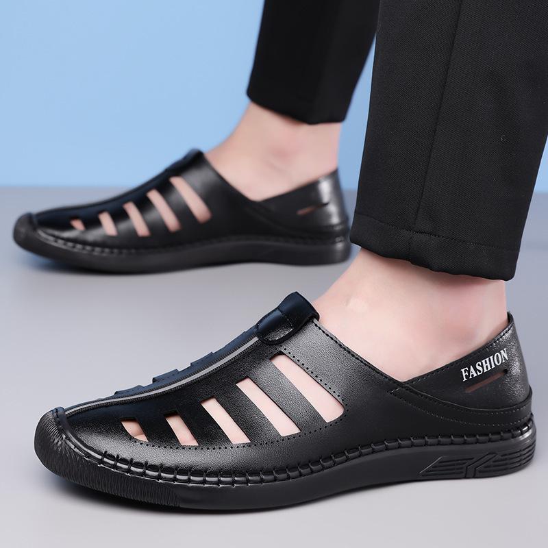 

Summer new hollow breathable leather sandals men s handmade online soft leather soft sole casual shoes men s feet 38 чёрный