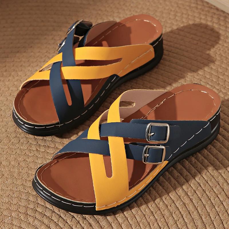 Fashion Mix Color Cross Strap Wedge Slippers Women Summer Non Slip Platform Sandals Woman Lightweight Soft Thick Sole Sandalias Mujer 43