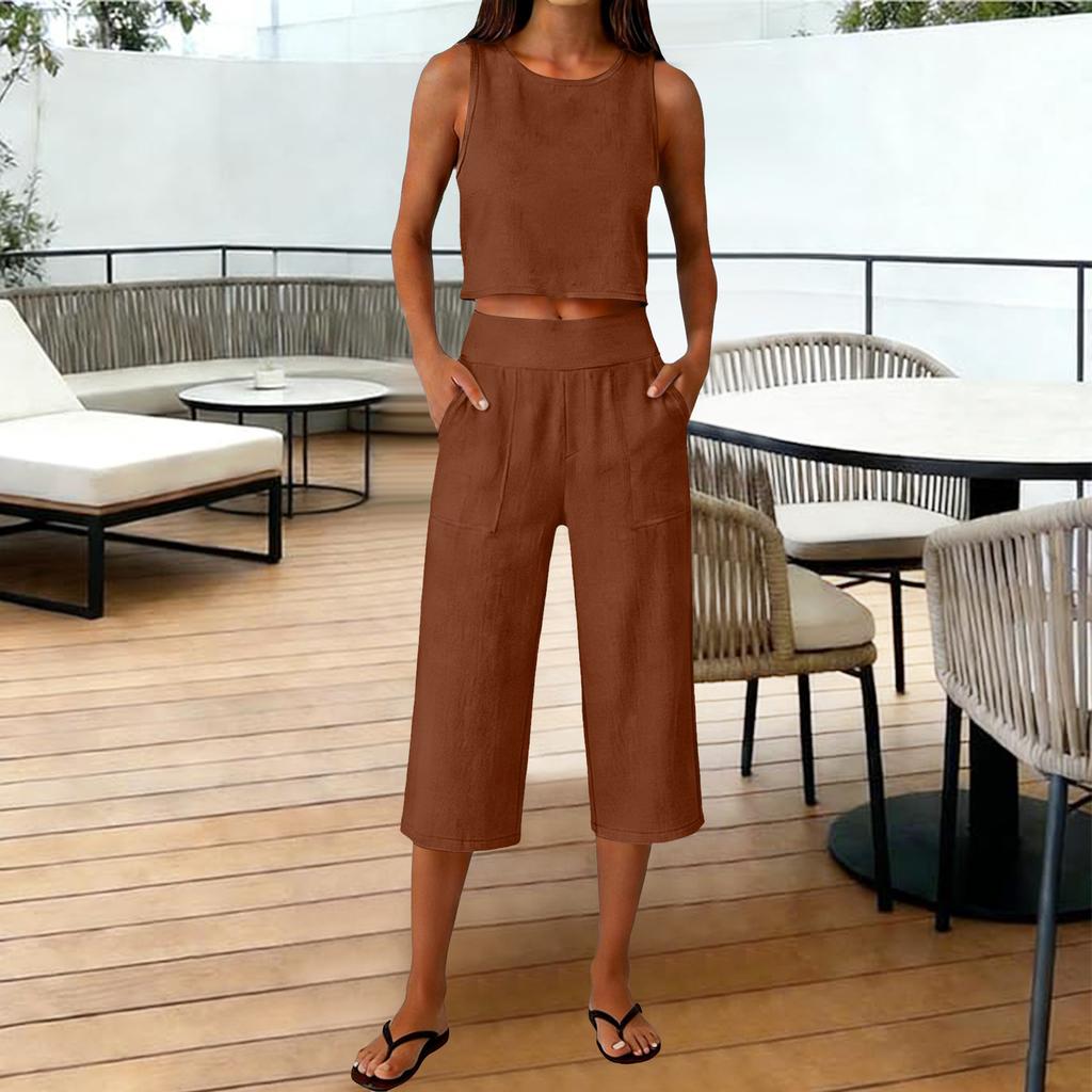Sleeveless Crop Top and Wide Leg Pants Two Piece Set for Women Loose Fit High Waist with Pockets Casual Outfit